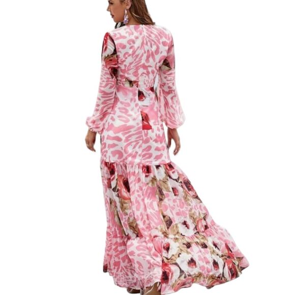Giffniseti pink leopard print long sleeve cut out side ruffle hem maxi dress - Picture 3 of 12